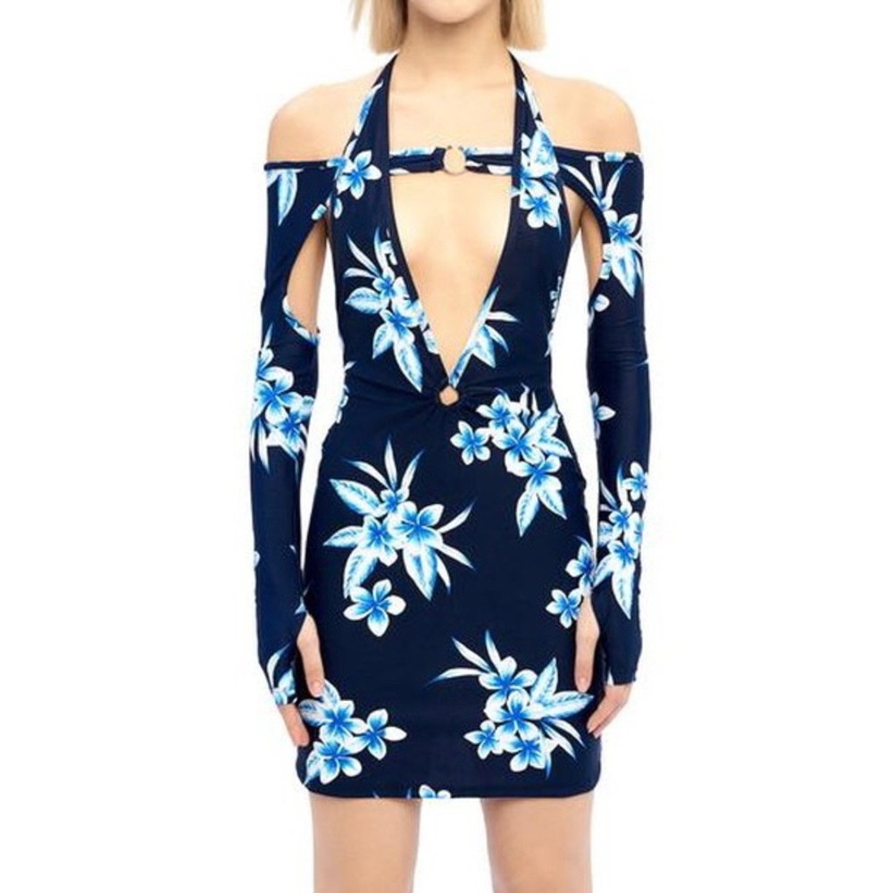 Floral Cutout Dress with Blue and White Flowers